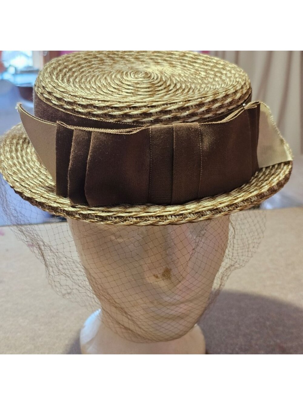 Two-Tone Brown Straw Boater Hat Ribbon Veil By Jerri-Jo Hats Vintage Woven